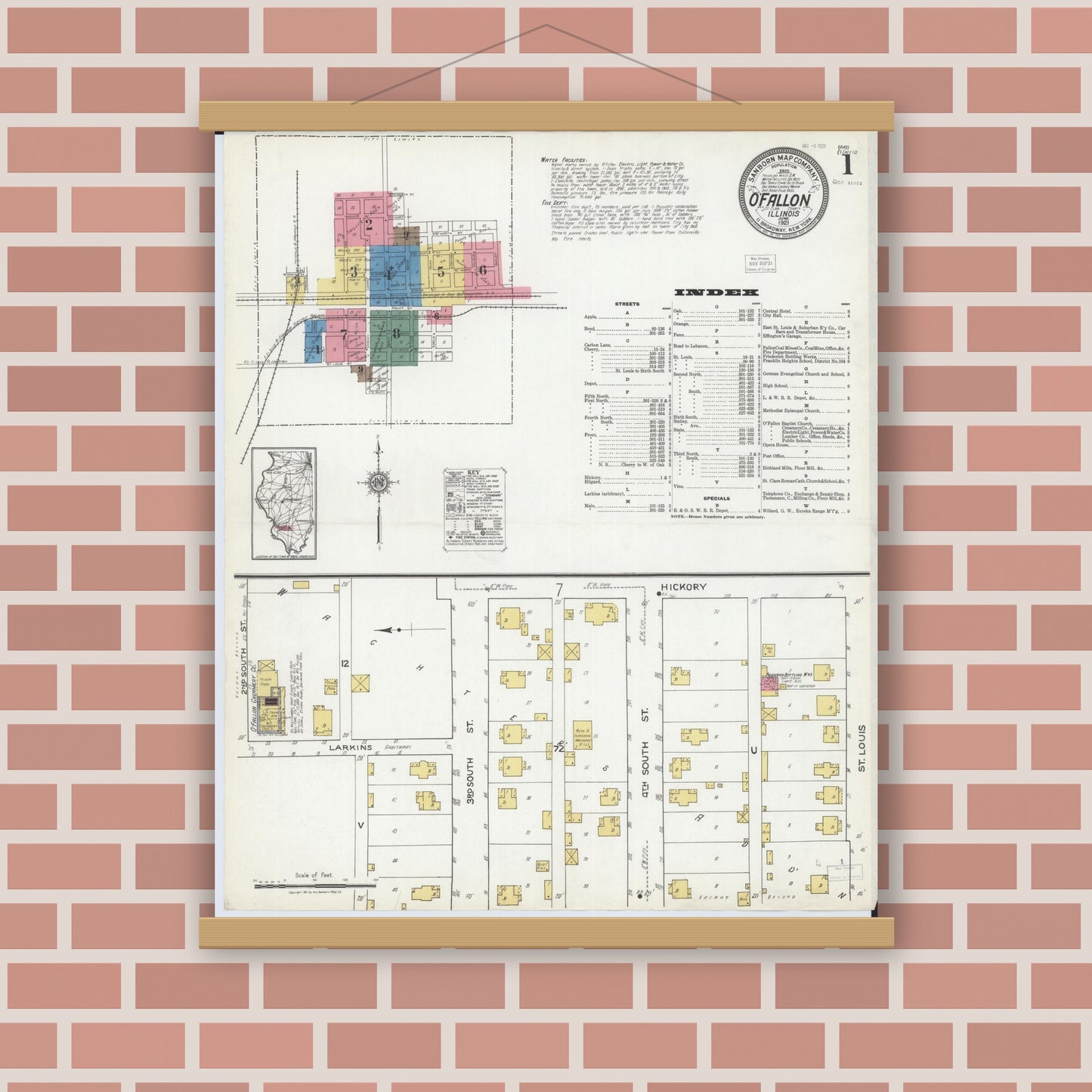 Old map wall art mockup — magnetic wood frame on brick wall — Sanborn Fire Insurance Map from O'Fallon, Saint Clair County, Illinois (1921) - Complete Map Set