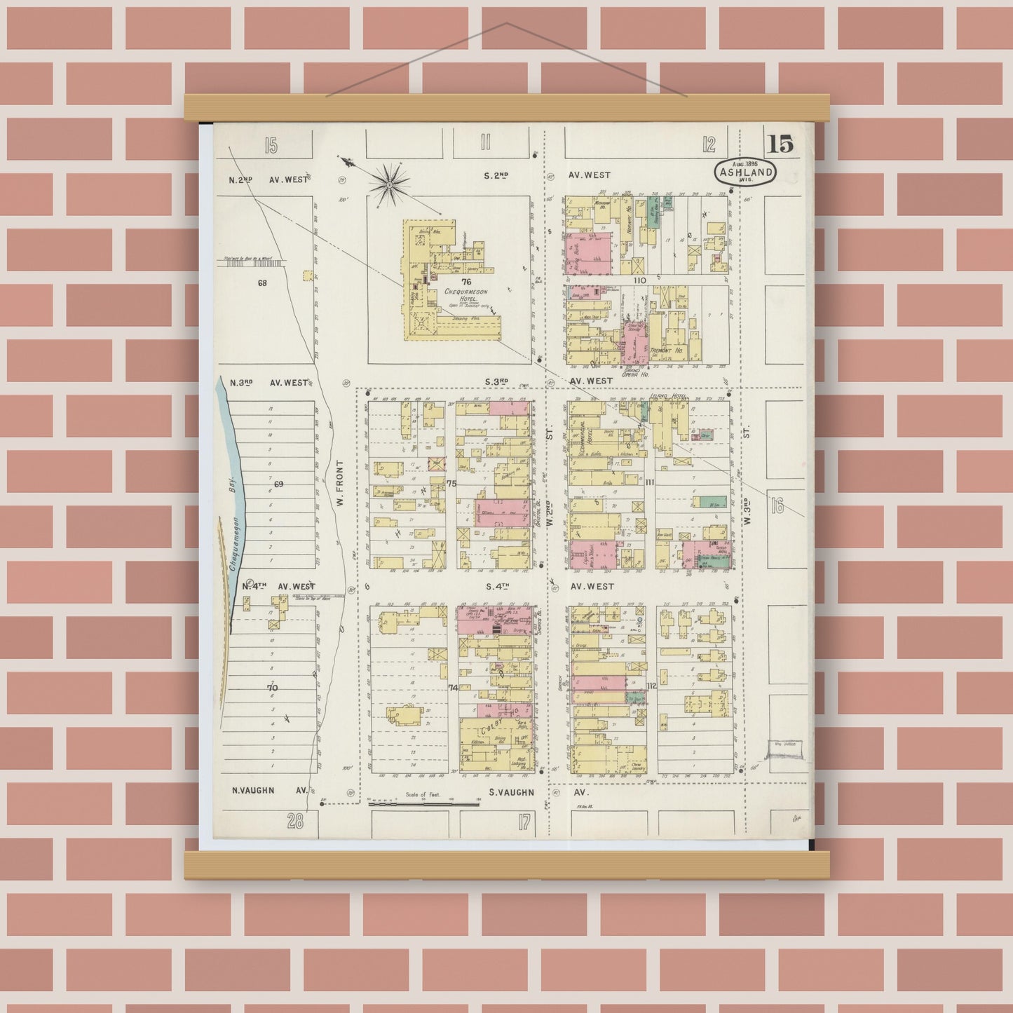 Old map wall art mockup — magnetic wood frame on brick wall — Sanborn Fire Insurance Map from Ashland, Ashland County, Wisconsin (1895), Sheet #0015