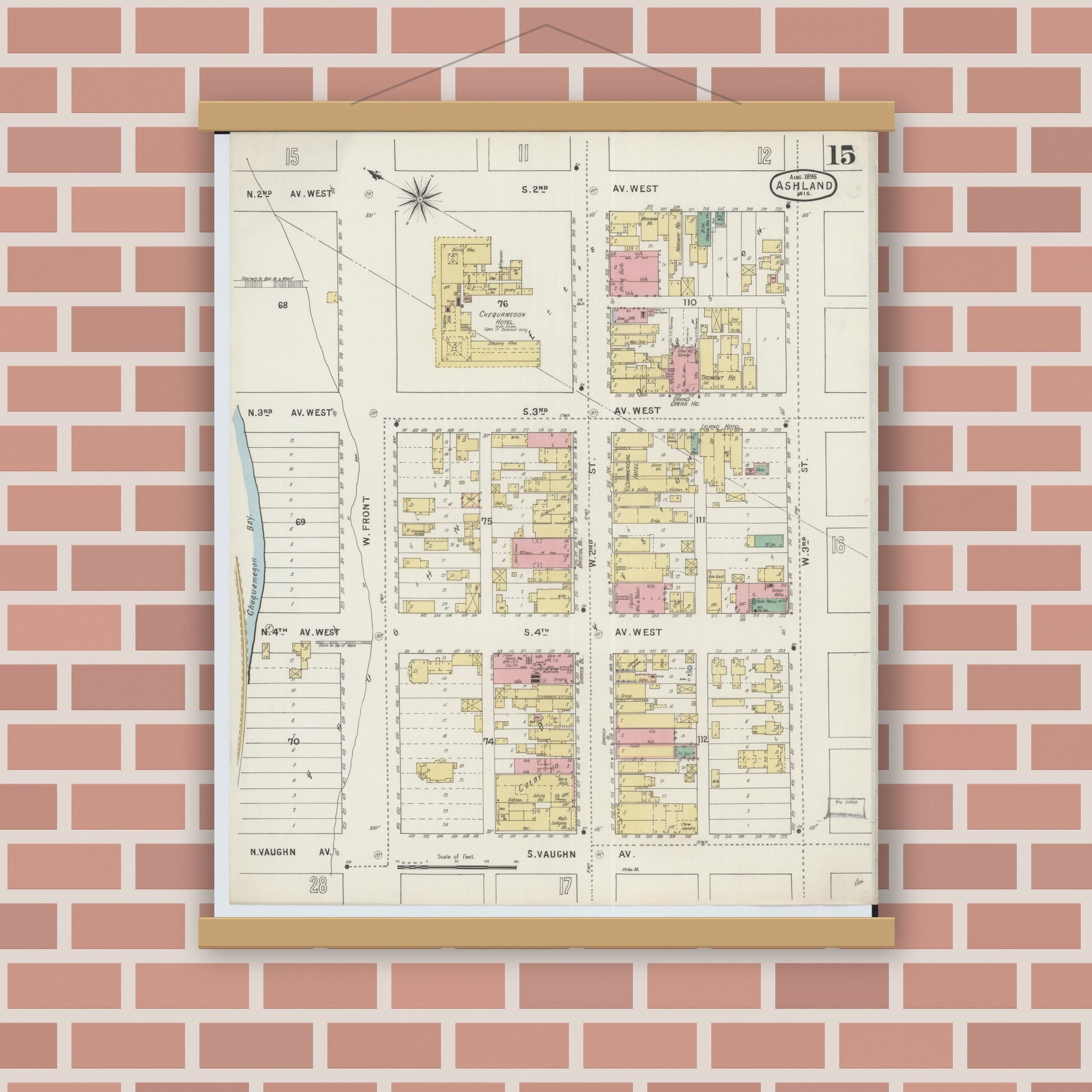 Old map wall art mockup — magnetic wood frame on brick wall — Sanborn Fire Insurance Map from Ashland, Ashland County, Wisconsin (1895), Sheet #0015