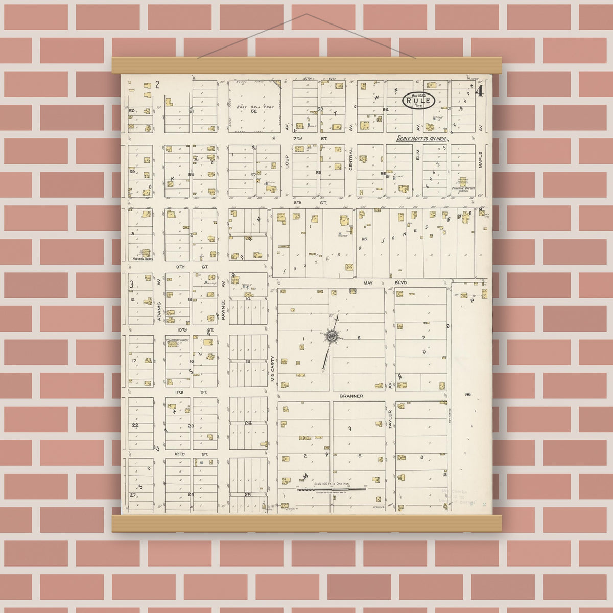 Old map wall art mockup — magnetic wood frame on brick wall — Sanborn Fire Insurance Map from Rule, Haskell County, Texas (1922), Sheet #0004