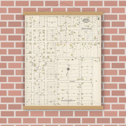 Old map wall art mockup — magnetic wood frame on brick wall — Sanborn Fire Insurance Map from Rule, Haskell County, Texas (1922), Sheet #0004