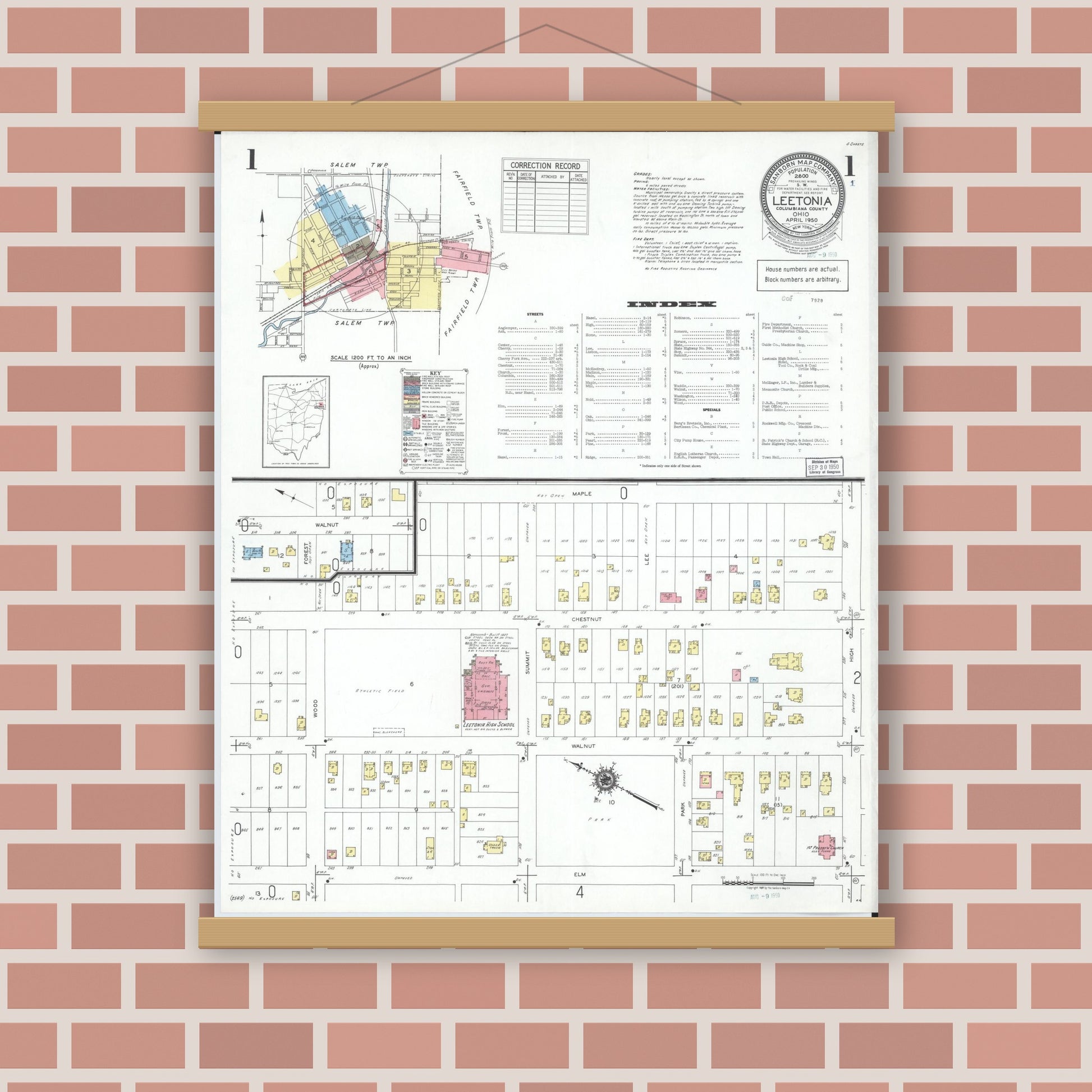 Old map wall art mockup — magnetic wood frame on brick wall — Sanborn Fire Insurance Map from Leetonia, Columbiana County, Ohio (1950) - Complete Map Set
