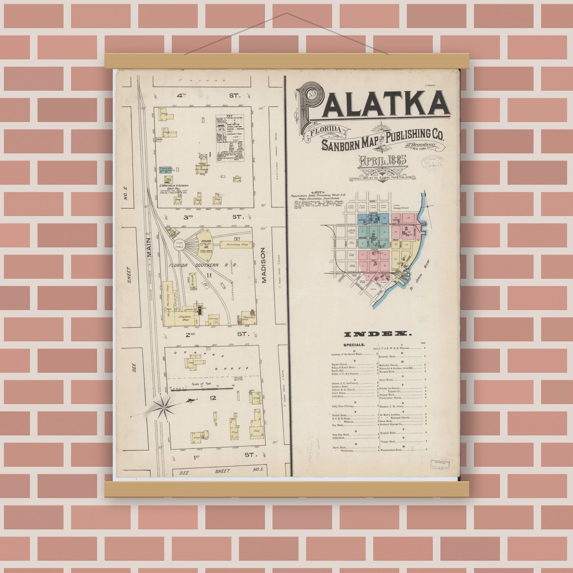 Old map wall art mockup — magnetic wood frame on brick wall — Sanborn Fire Insurance Map from Palatka, Putnam County, Florida (1885), Sheet #0001