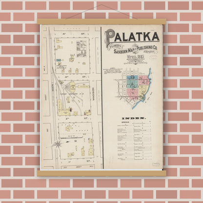 Old map wall art mockup — magnetic wood frame on brick wall — Sanborn Fire Insurance Map from Palatka, Putnam County, Florida (1885), Sheet #0001