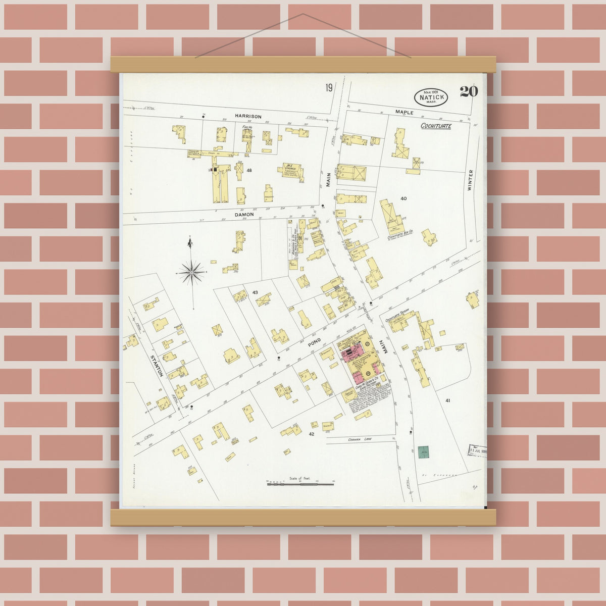 Old map wall art mockup — magnetic wood frame on brick wall — Sanborn Fire Insurance Map from Natick, Middlesex County, Massachusetts (1909), Sheet #0020