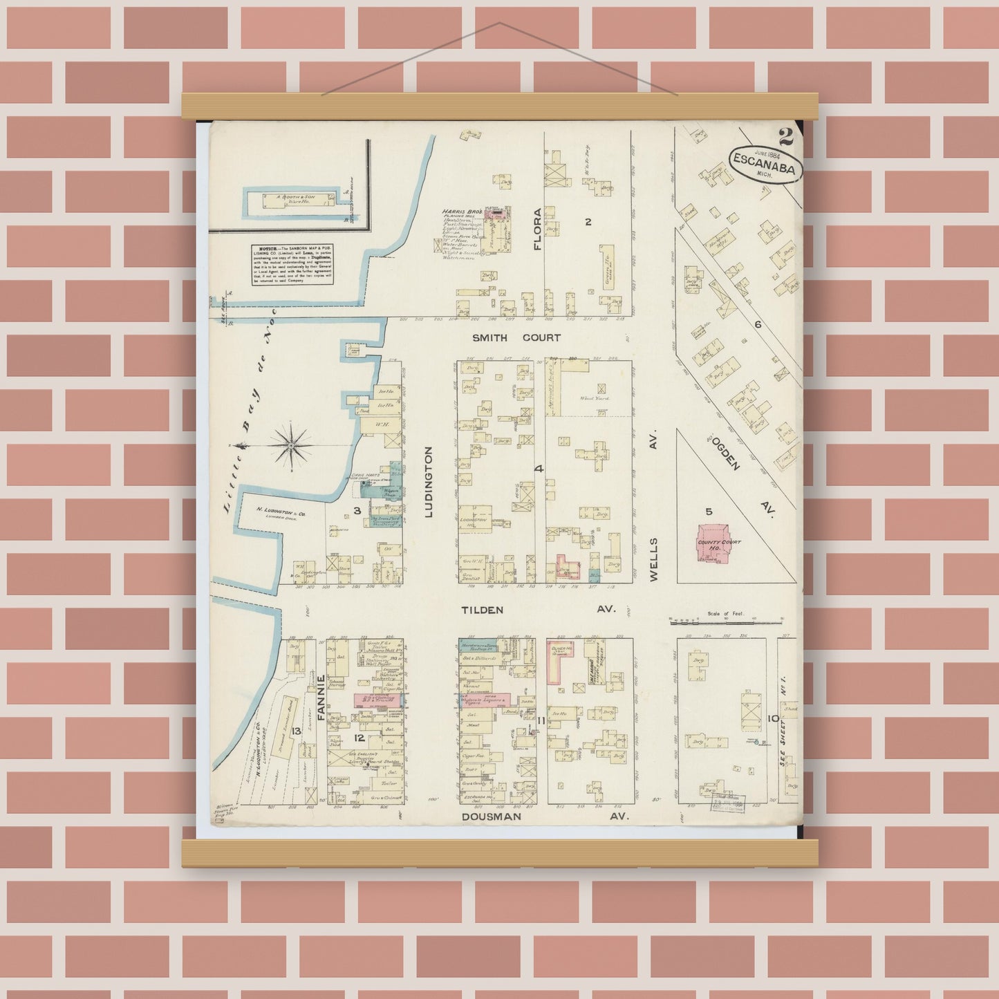 Old map wall art mockup — magnetic wood frame on brick wall — Sanborn Fire Insurance Map from Escanaba, Delta County, Michigan (1884), Sheet #0002