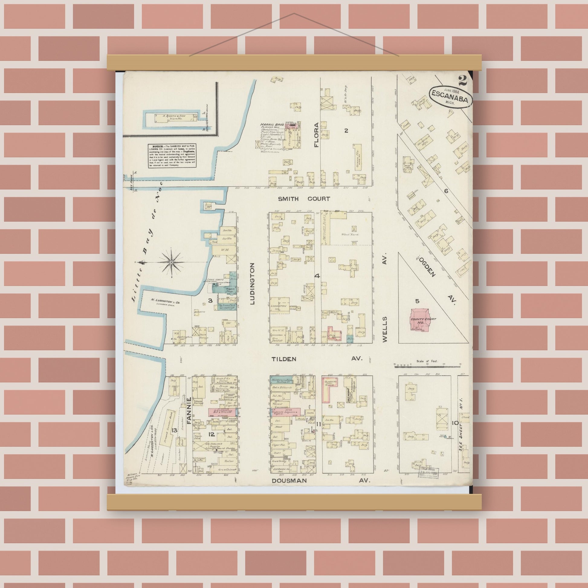 Old map wall art mockup — magnetic wood frame on brick wall — Sanborn Fire Insurance Map from Escanaba, Delta County, Michigan (1884), Sheet #0002