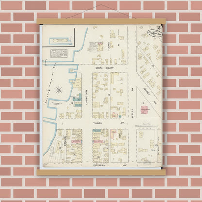 Old map wall art mockup — magnetic wood frame on brick wall — Sanborn Fire Insurance Map from Escanaba, Delta County, Michigan (1884), Sheet #0002