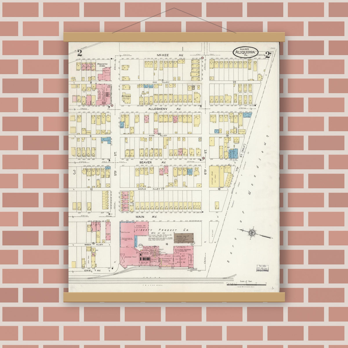 Old map wall art mockup — magnetic wood frame on brick wall — Sanborn Fire Insurance Map from Aliquippa, Beaver County, Pennsylvania (1925), Sheet #0002