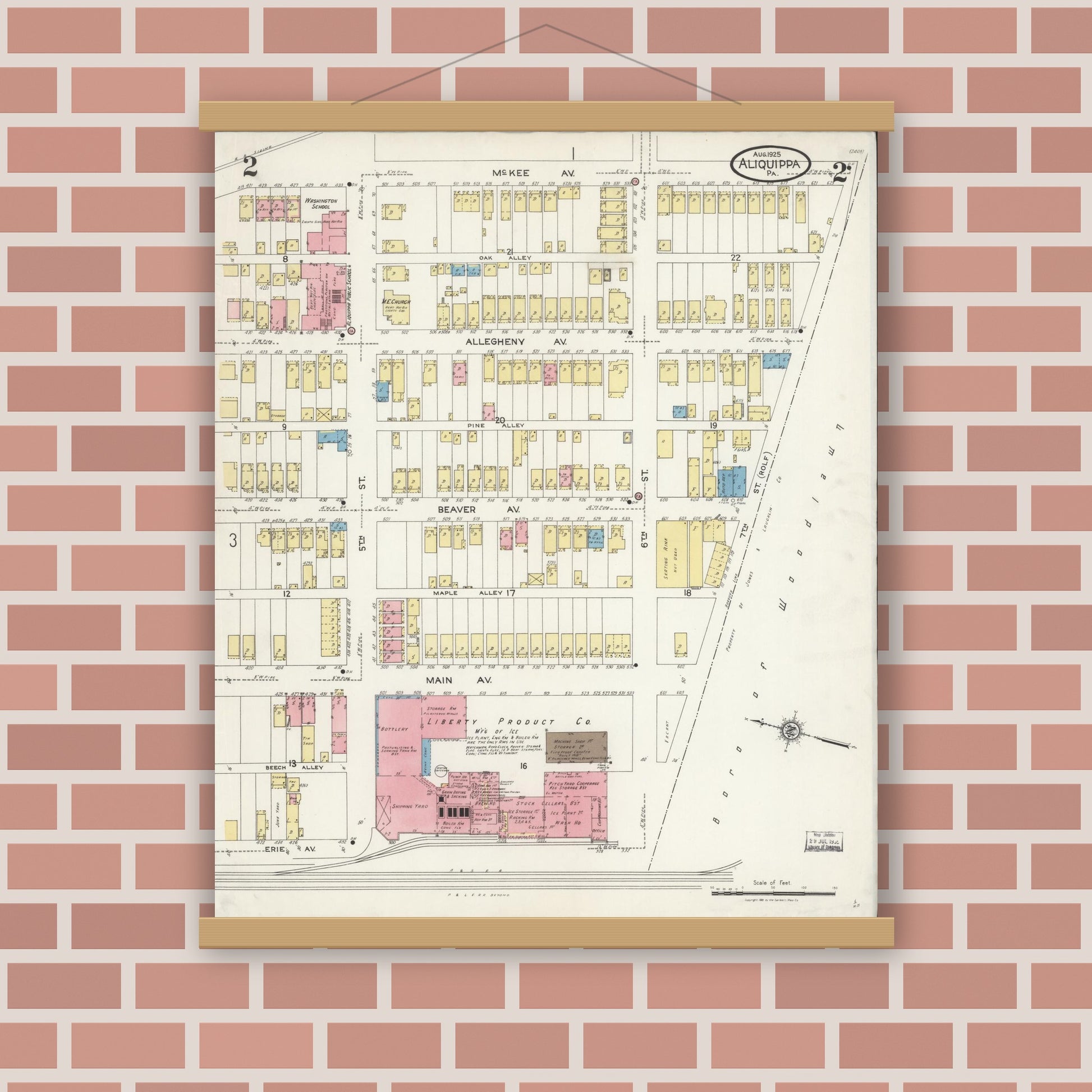 Old map wall art mockup — magnetic wood frame on brick wall — Sanborn Fire Insurance Map from Aliquippa, Beaver County, Pennsylvania (1925), Sheet #0002