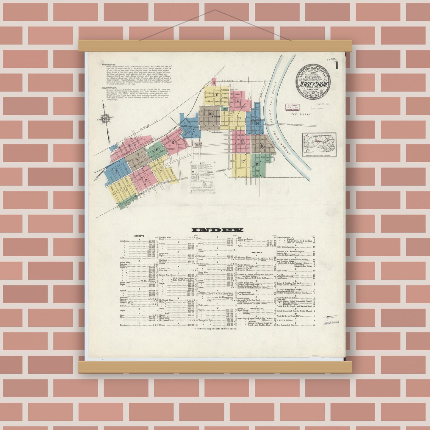 Old map wall art mockup — magnetic wood frame on brick wall — Sanborn Fire Insurance Map from Jersey Shore, Lycoming County, Pennsylvania (1913), Sheet #0001