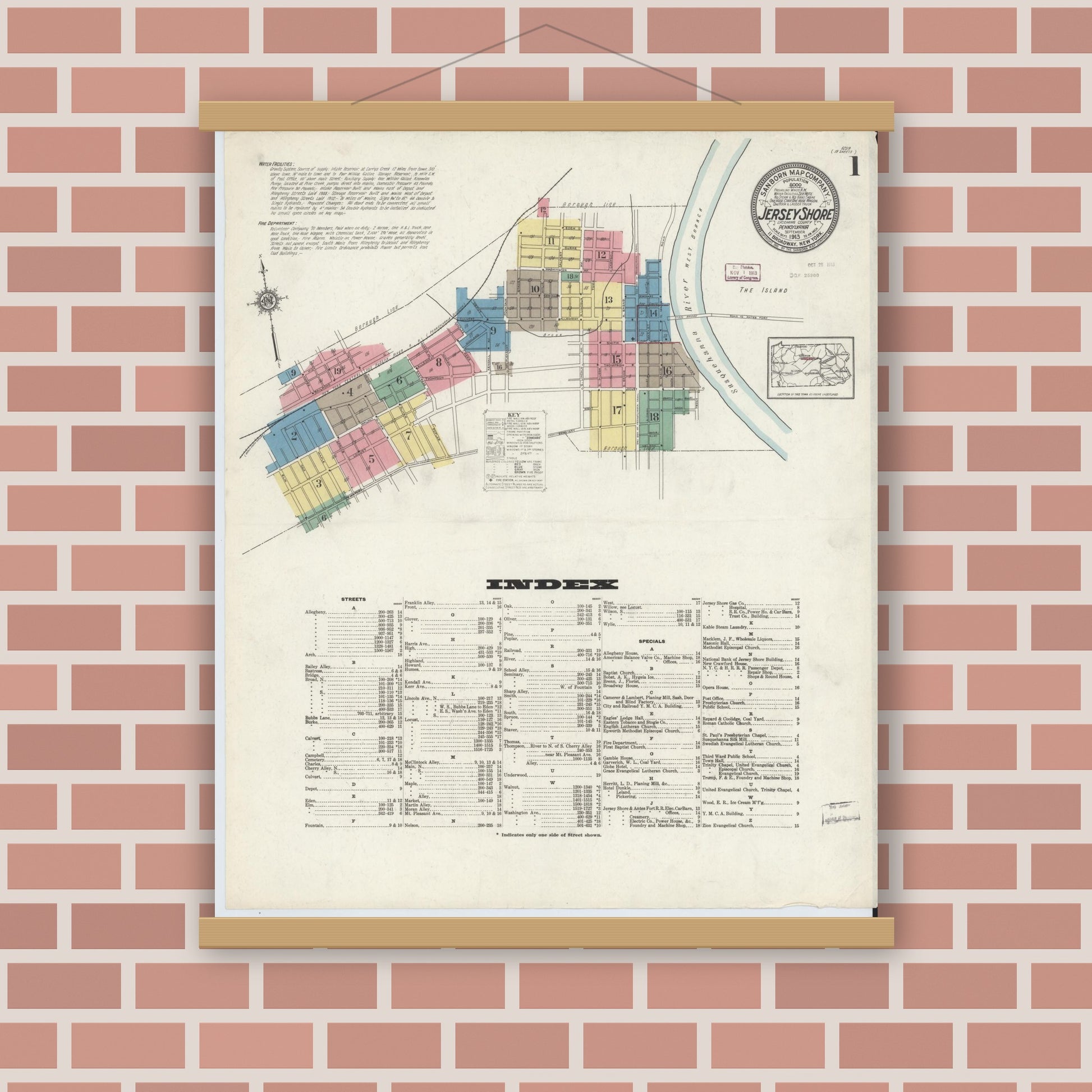 Old map wall art mockup — magnetic wood frame on brick wall — Sanborn Fire Insurance Map from Jersey Shore, Lycoming County, Pennsylvania (1913), Sheet #0001