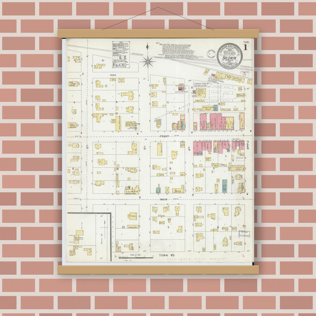 Old map wall art mockup — magnetic wood frame on brick wall — Sanborn Fire Insurance Map from Baldwin, St. Croix County, Wisconsin (1902), Sheet #0001