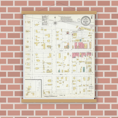 Old map wall art mockup — magnetic wood frame on brick wall — Sanborn Fire Insurance Map from Baldwin, St. Croix County, Wisconsin (1902), Sheet #0001