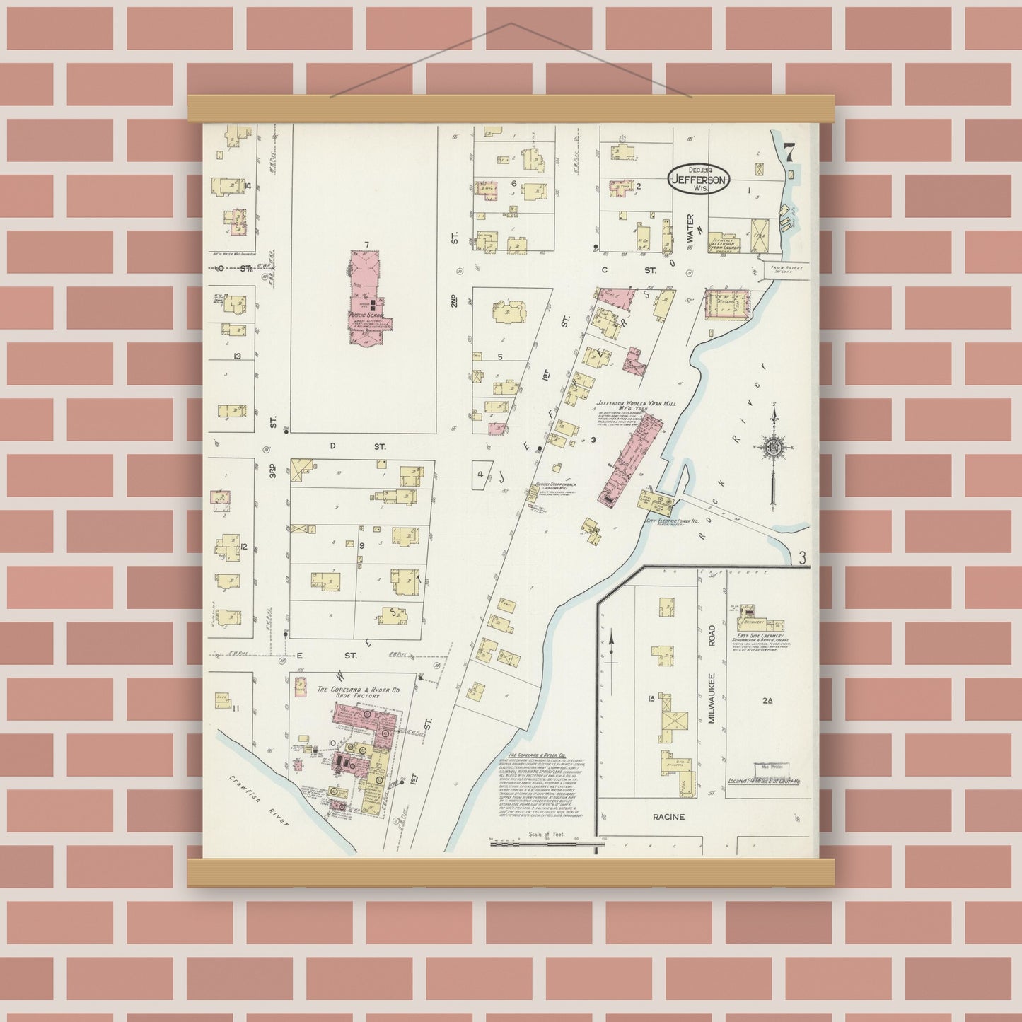 Old map wall art mockup — magnetic wood frame on brick wall — Sanborn Fire Insurance Map from Jefferson, Jefferson County, Wisconsin (1914), Sheet #0007