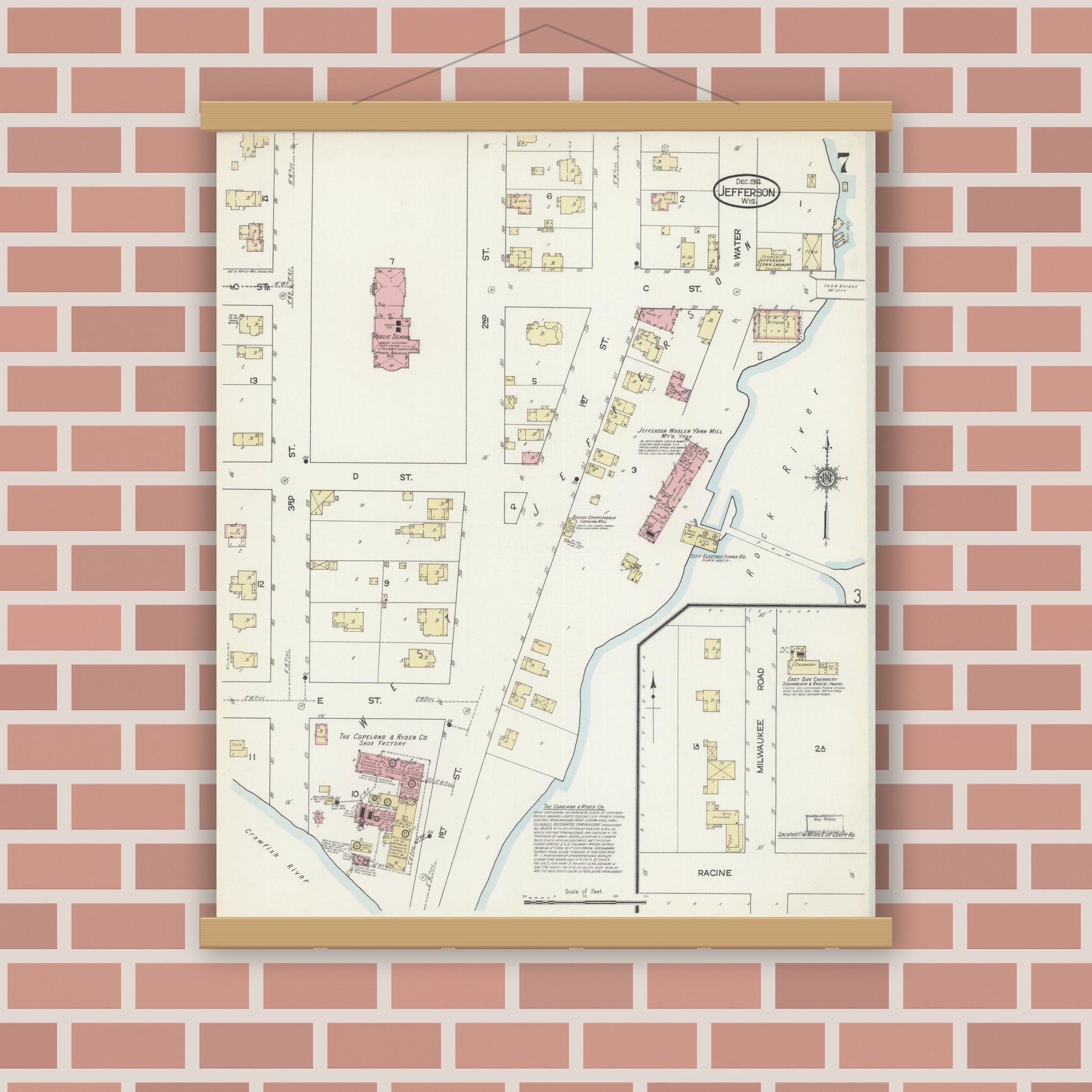 Old map wall art mockup — magnetic wood frame on brick wall — Sanborn Fire Insurance Map from Jefferson, Jefferson County, Wisconsin (1914), Sheet #0007