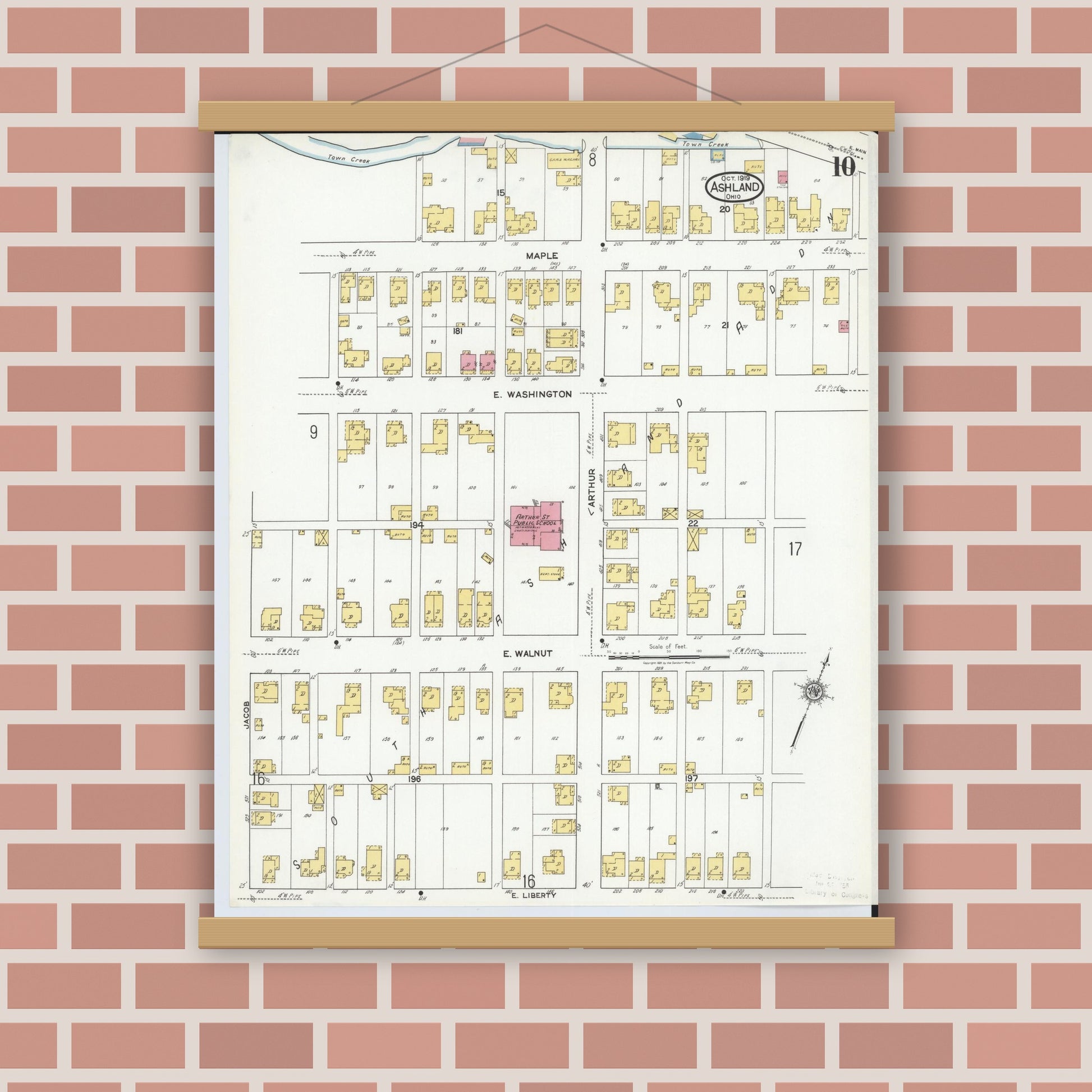 Old map wall art mockup — magnetic wood frame on brick wall — Sanborn Fire Insurance Map from Ashland, Ashland County, Ohio (1919), Sheet #0010