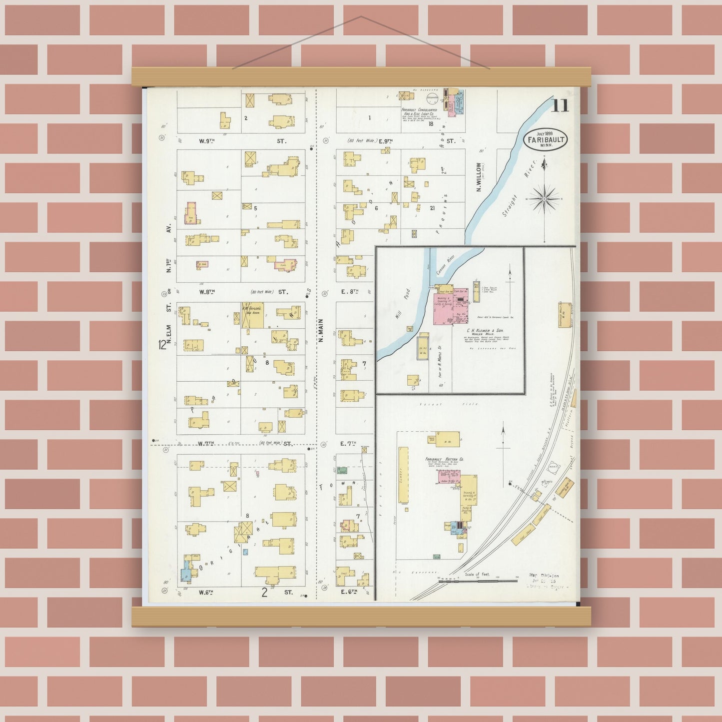 Old map wall art mockup — magnetic wood frame on brick wall — Sanborn Fire Insurance Map from Faribault, Rice County, Minnesota (1899), Sheet #0011