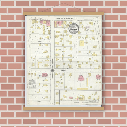 Old map wall art mockup — magnetic wood frame on brick wall — Sanborn Fire Insurance Map from Wakeman, Huron County, Ohio (1911), Sheet #0001