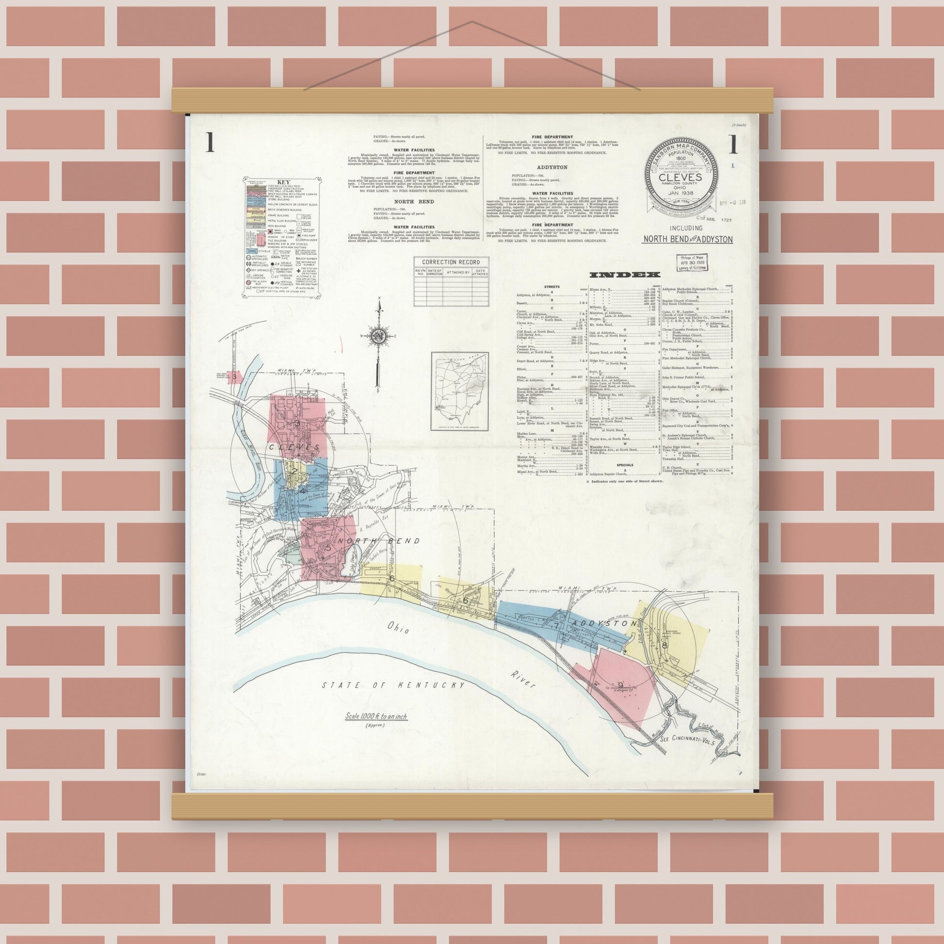 Old map wall art mockup — magnetic wood frame on brick wall — Sanborn Fire Insurance Map from Cleves, Hamilton County, Ohio (1938), Sheet #0001