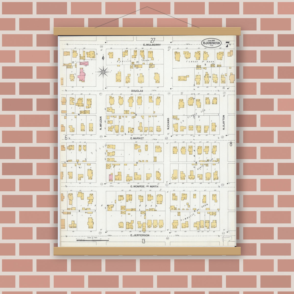 Old map wall art mockup — magnetic wood frame on brick wall — Sanborn Fire Insurance Map from Bloomington, McLean County, Illinois (1901), Sheet #0007