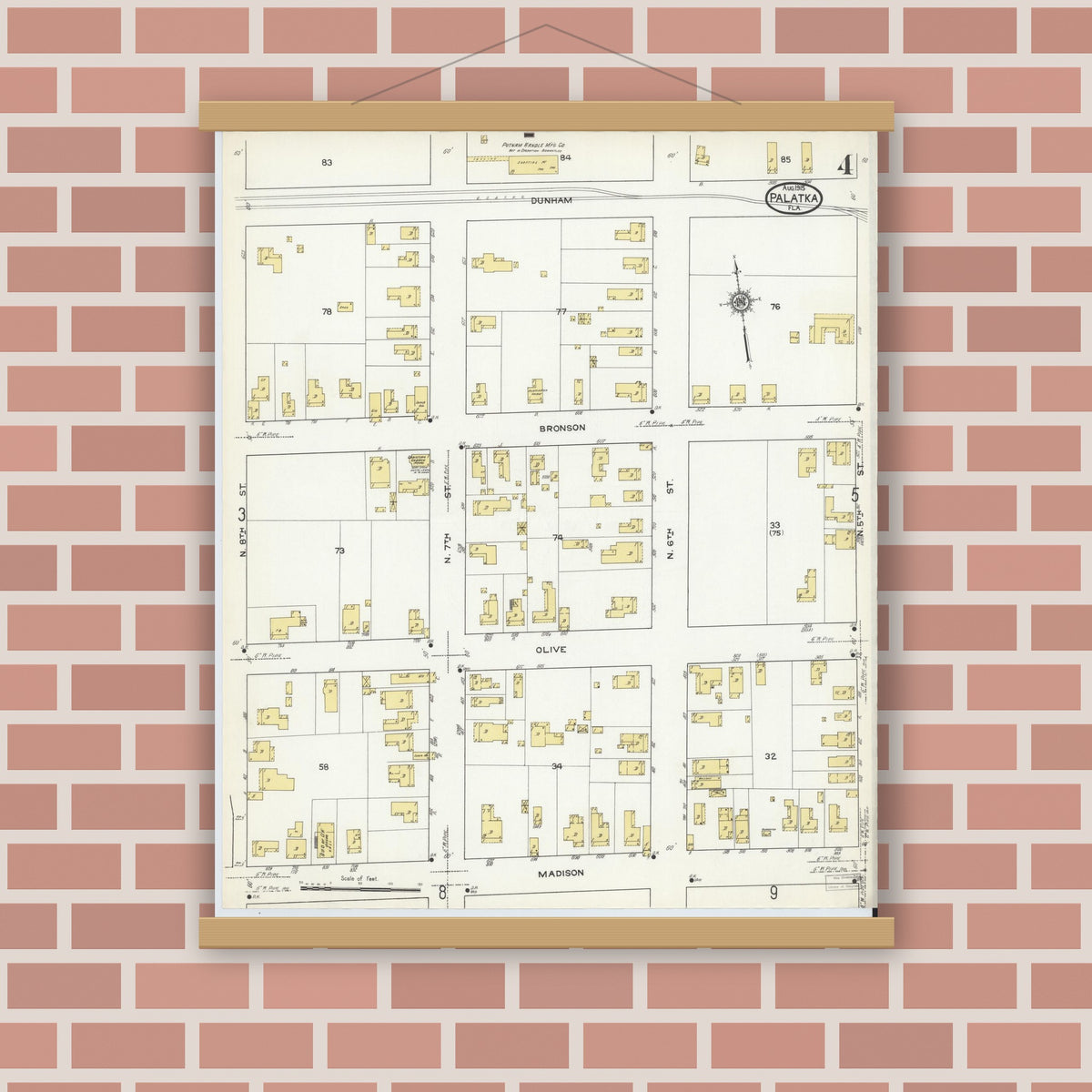 Old map wall art mockup — magnetic wood frame on brick wall — Sanborn Fire Insurance Map from Palatka, Putnam County, Florida (1915), Sheet #0004
