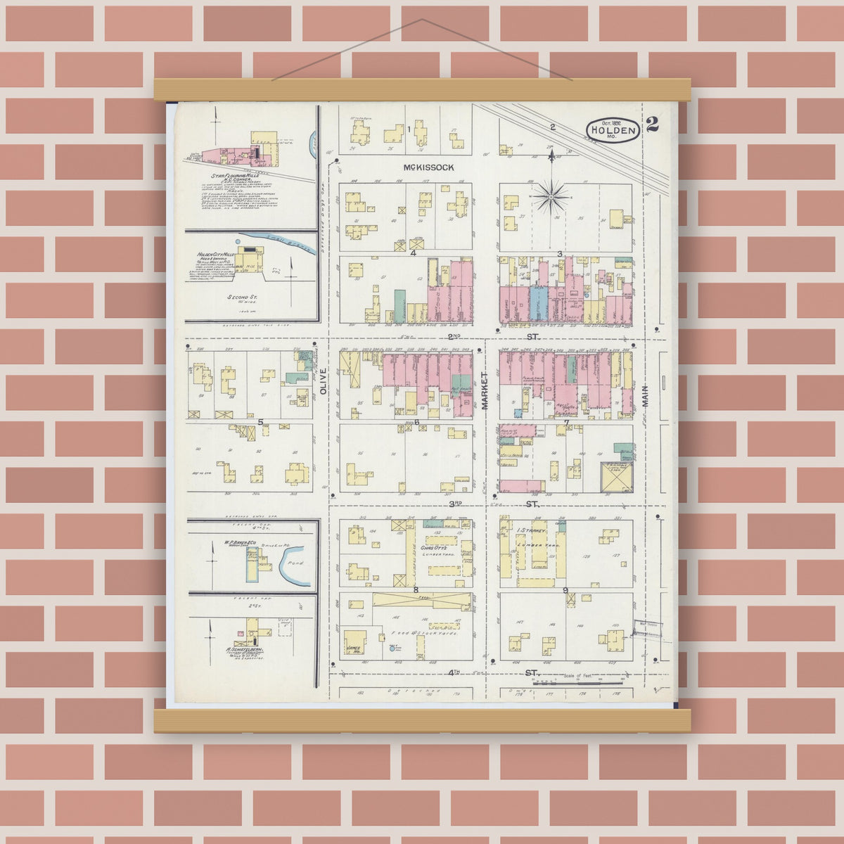 Old map wall art mockup — magnetic wood frame on brick wall — Sanborn Fire Insurance Map from Holden, Johnson County, Missouri (1892), Sheet #0002