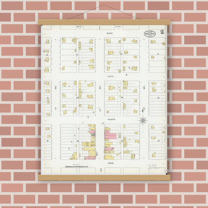 Old map wall art mockup — magnetic wood frame on brick wall — Sanborn Fire Insurance Map from Madison, Lac Qui Parle County, Minnesota (1899), Sheet #0002