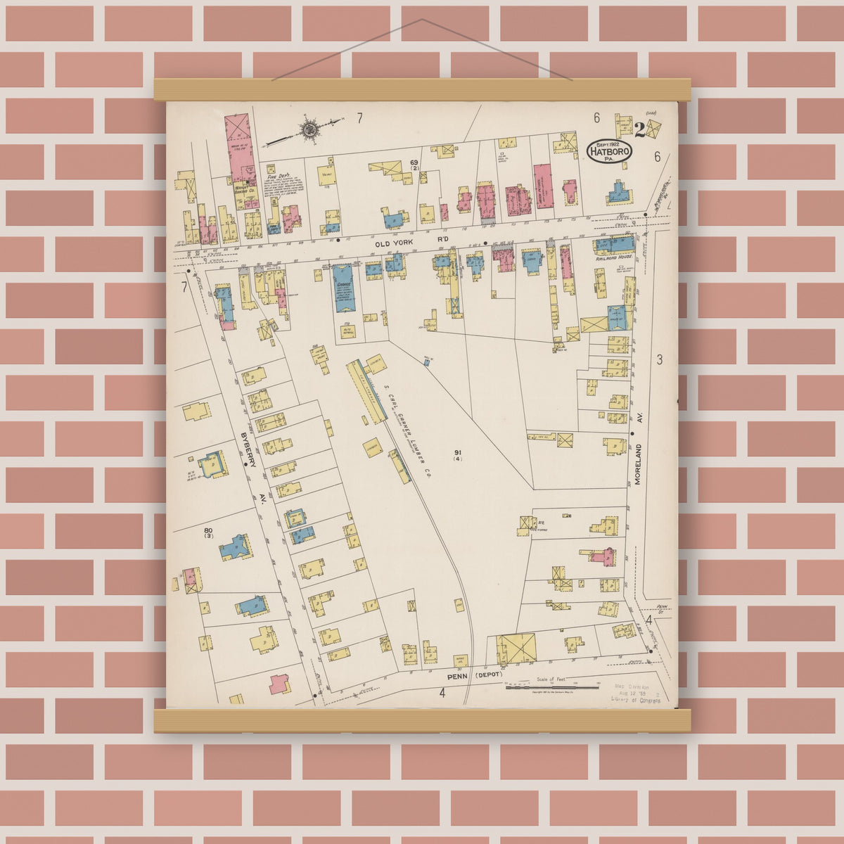 Old map wall art mockup — magnetic wood frame on brick wall — Sanborn Fire Insurance Map from Hatboro, Montgomery County, Pennsylvania (1922), Sheet #0002