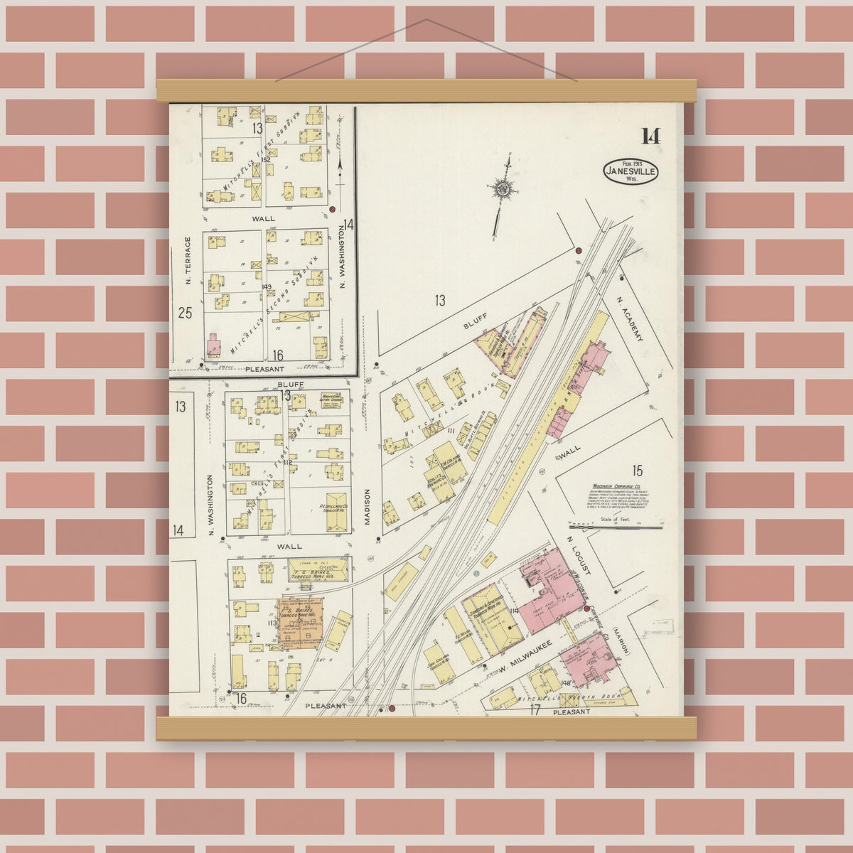 Old map wall art mockup — magnetic wood frame on brick wall — Sanborn Fire Insurance Map from Janesville, Rock County, Wisconsin (1915), Sheet #0014