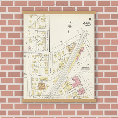 Old map wall art mockup — magnetic wood frame on brick wall — Sanborn Fire Insurance Map from Janesville, Rock County, Wisconsin (1915), Sheet #0014
