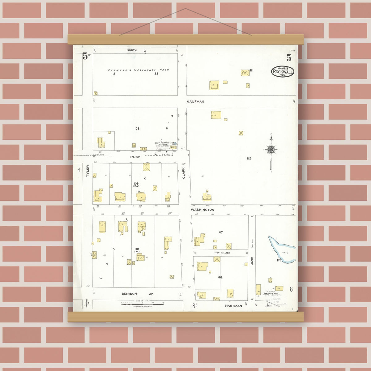 Old map wall art mockup — magnetic wood frame on brick wall — Sanborn Fire Insurance Map from Rockwall, Rockwall County, Texas (1923), Sheet #0005