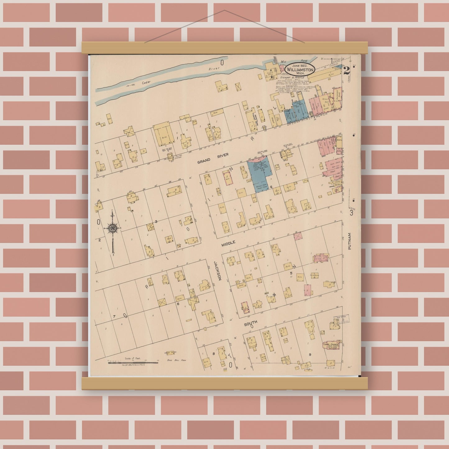 Old map wall art mockup — magnetic wood frame on brick wall — Sanborn Fire Insurance Map from Williamston, Ingham County, Michigan (1922), Sheet #0002