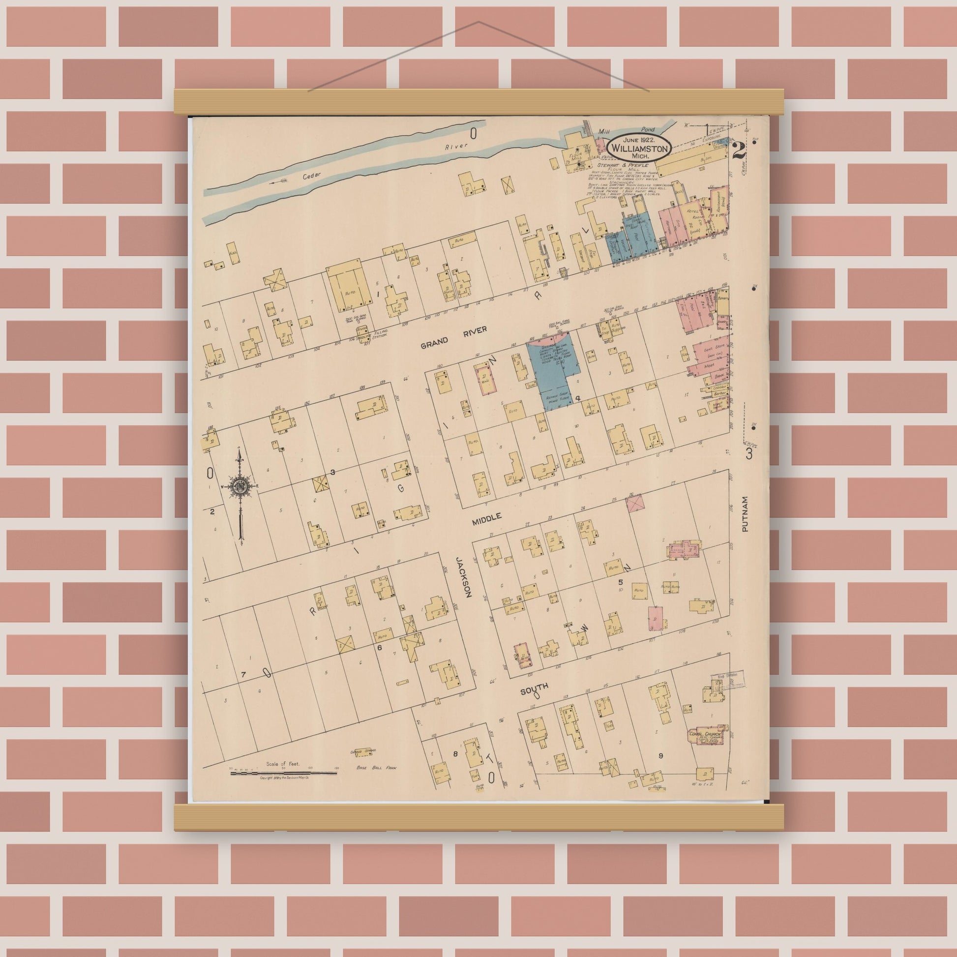 Old map wall art mockup — magnetic wood frame on brick wall — Sanborn Fire Insurance Map from Williamston, Ingham County, Michigan (1922), Sheet #0002