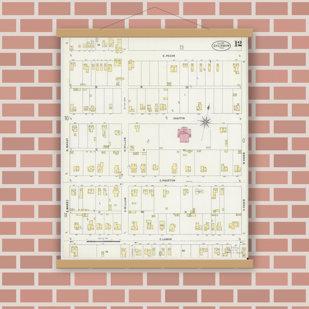 Old map wall art mockup — magnetic wood frame on brick wall — Sanborn Fire Insurance Map from Sherman, Grayson County, Texas (1897), Sheet #0012