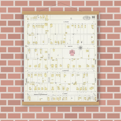 Old map wall art mockup — magnetic wood frame on brick wall — Sanborn Fire Insurance Map from Sherman, Grayson County, Texas (1897), Sheet #0012