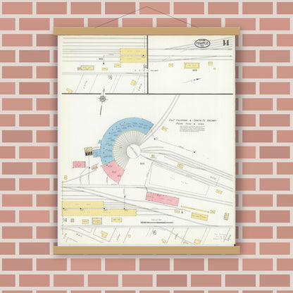 Old map wall art mockup — magnetic wood frame on brick wall — Sanborn Fire Insurance Map from Temple, Bell County, Texas (1915), Sheet #0014