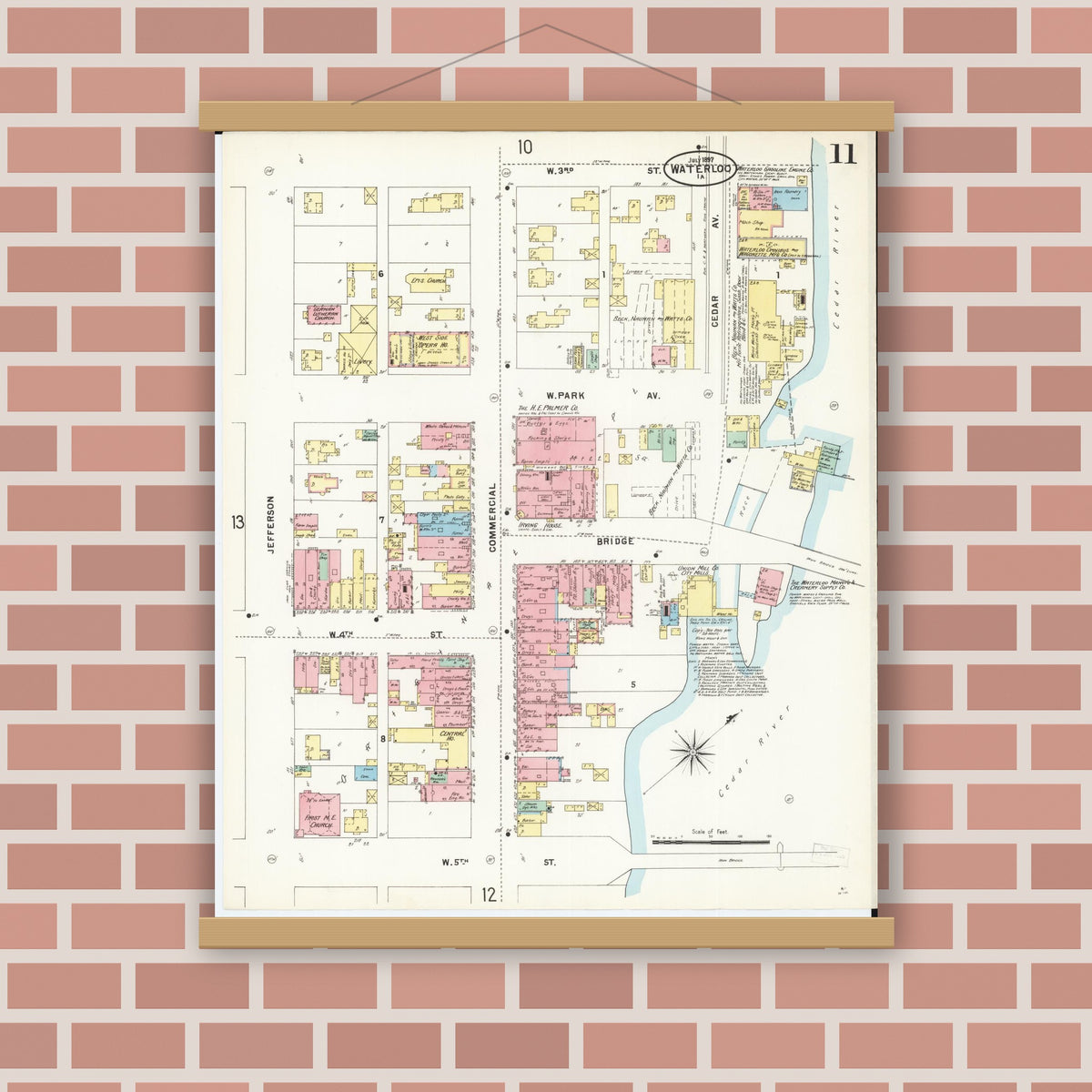 Old map wall art mockup — magnetic wood frame on brick wall — Sanborn Fire Insurance Map from Waterloo, Black Hawk County, Iowa (1897), Sheet #0011