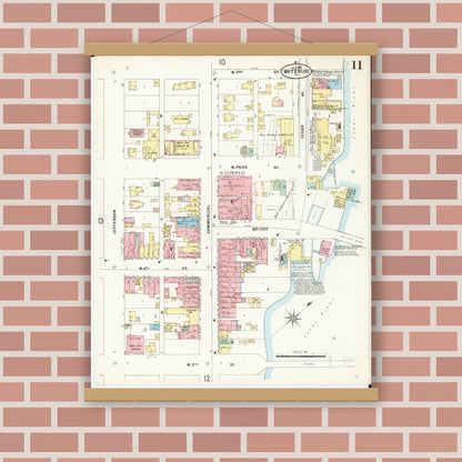 Old map wall art mockup — magnetic wood frame on brick wall — Sanborn Fire Insurance Map from Waterloo, Black Hawk County, Iowa (1897), Sheet #0011