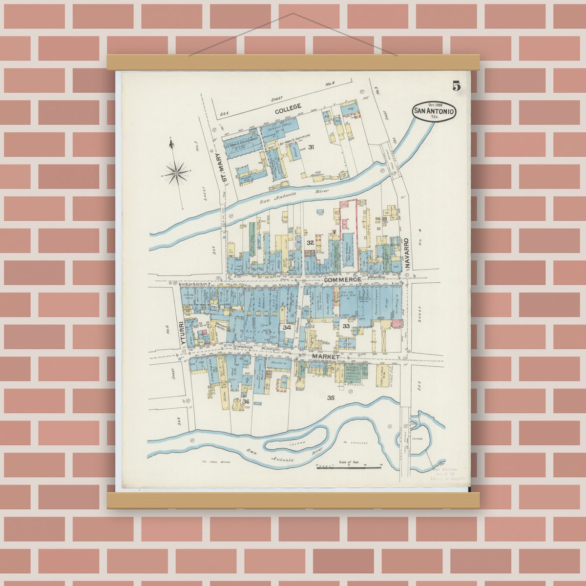 Old map wall art mockup — magnetic wood frame on brick wall — Sanborn Fire Insurance Map from San Antonio, Bexar County, Texas (1888), Sheet #0005