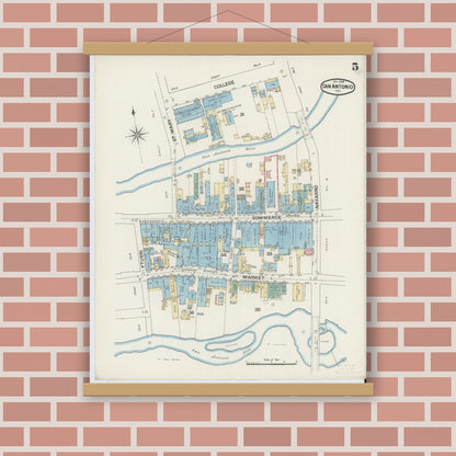 Old map wall art mockup — magnetic wood frame on brick wall — Sanborn Fire Insurance Map from San Antonio, Bexar County, Texas (1888), Sheet #0005
