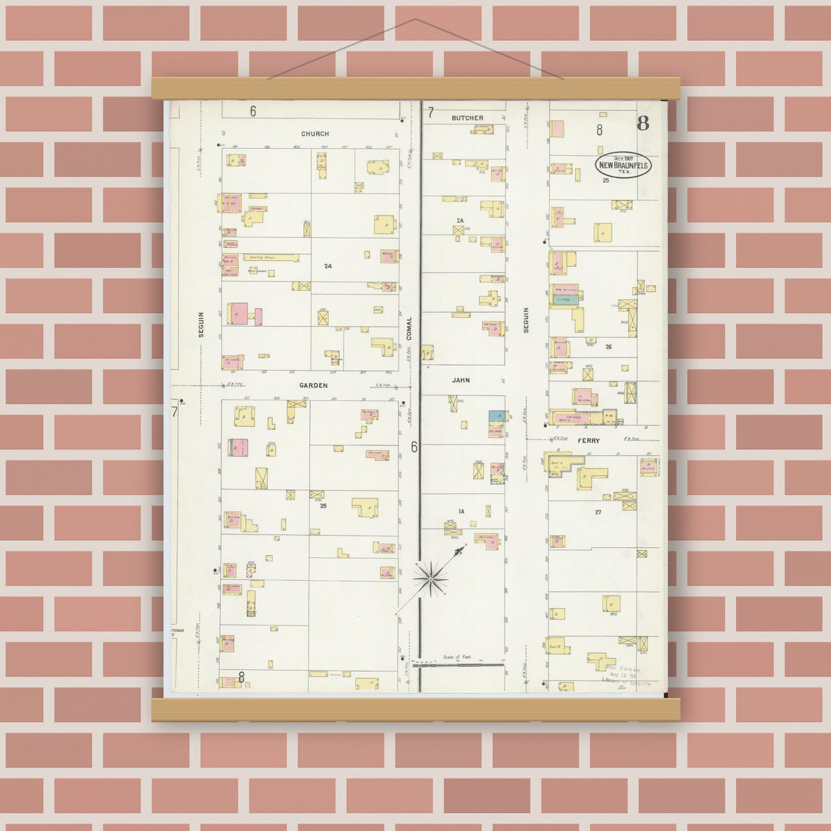 Old map wall art mockup — magnetic wood frame on brick wall — Sanborn Fire Insurance Map from New Braunfels, Comal County, Texas (1907), Sheet #0008