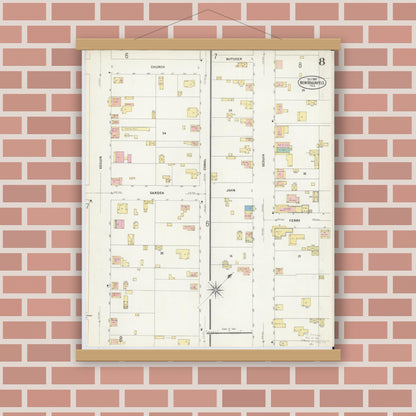 Old map wall art mockup — magnetic wood frame on brick wall — Sanborn Fire Insurance Map from New Braunfels, Comal County, Texas (1907), Sheet #0008
