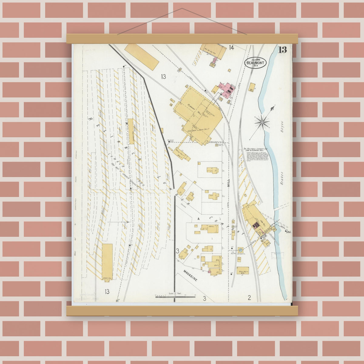 Old map wall art mockup — magnetic wood frame on brick wall — Sanborn Fire Insurance Map from Beaumont, Jefferson County, Texas (1899), Sheet #0013