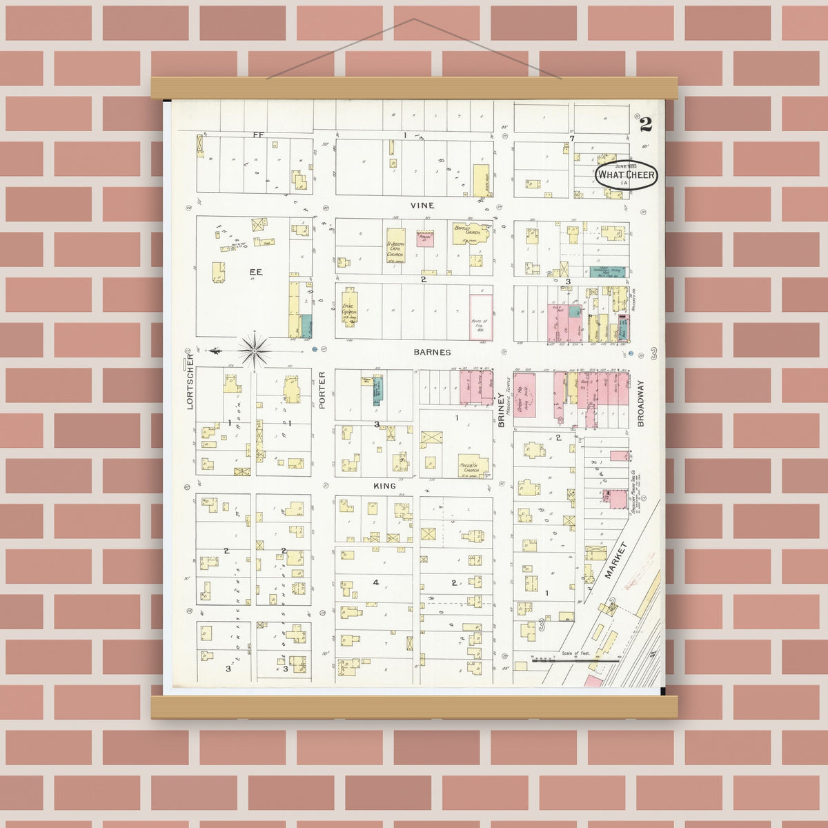 Old map wall art mockup — magnetic wood frame on brick wall — Sanborn Fire Insurance Map from What Cheer, Keokuk County, Iowa (1893), Sheet #0002