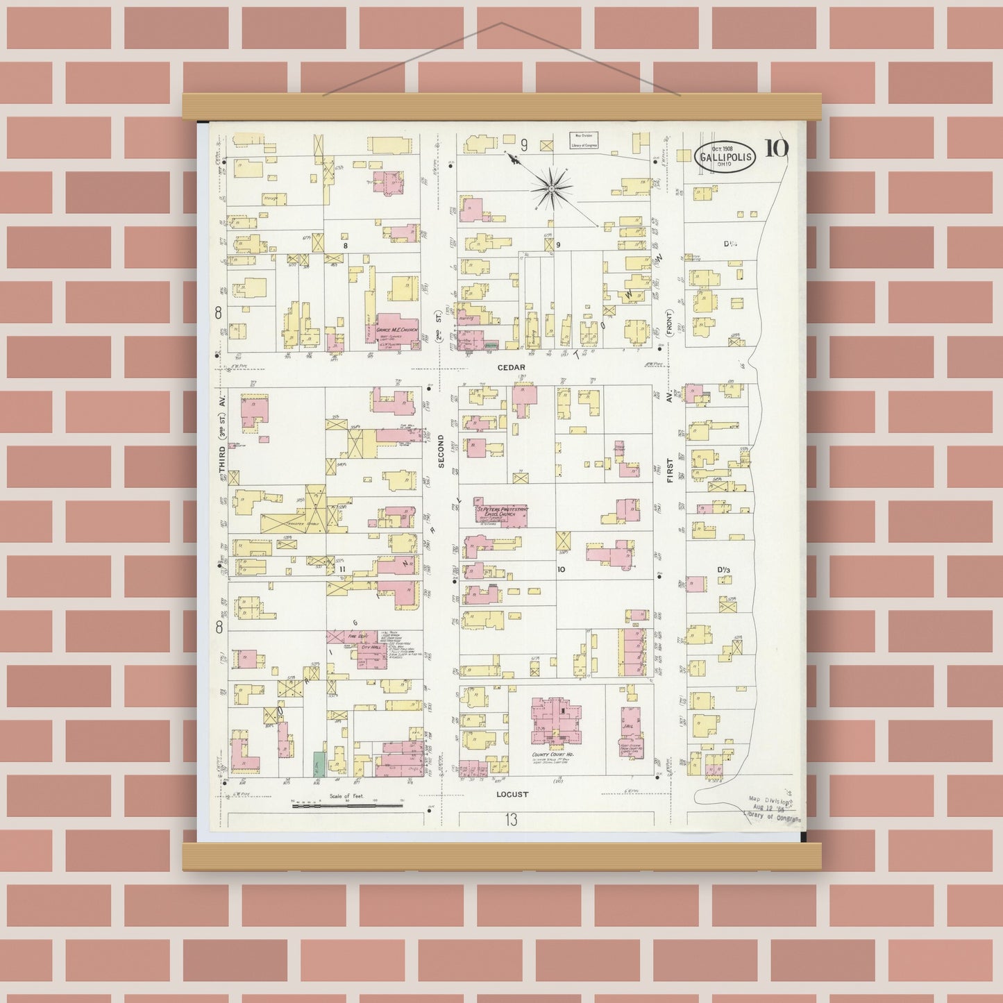 Old map wall art mockup — magnetic wood frame on brick wall — Sanborn Fire Insurance Map from Gallipolis, Gallia County, Ohio (1908), Sheet #0010