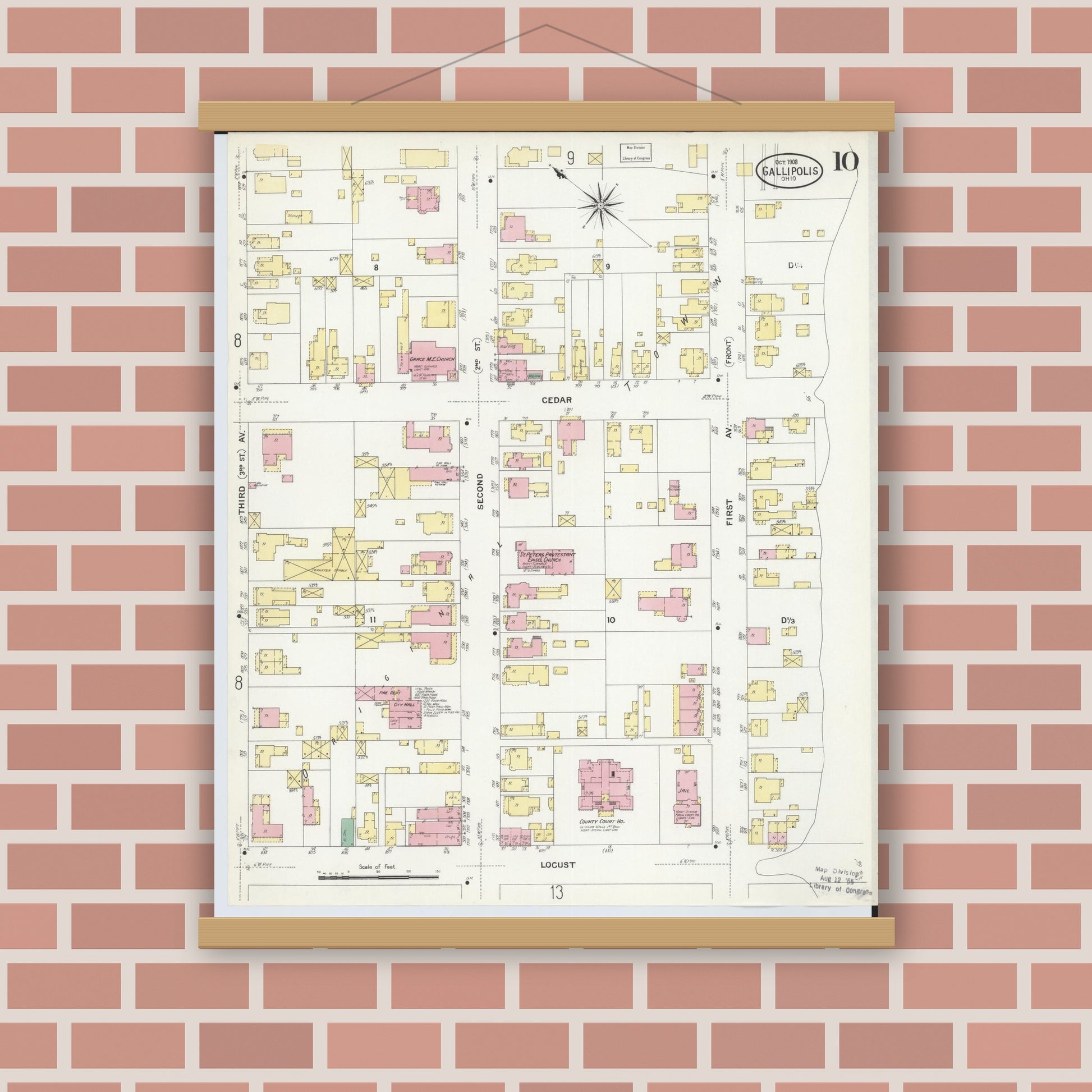 Old map wall art mockup — magnetic wood frame on brick wall — Sanborn Fire Insurance Map from Gallipolis, Gallia County, Ohio (1908), Sheet #0010