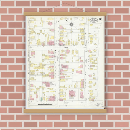 Old map wall art mockup — magnetic wood frame on brick wall — Sanborn Fire Insurance Map from Gallipolis, Gallia County, Ohio (1908), Sheet #0010