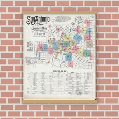 Old map wall art mockup — magnetic wood frame on brick wall — Sanborn Fire Insurance Map from San Antonio, Bexar County, Texas (1892) - Complete Map Set