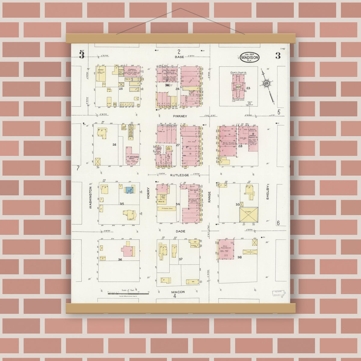 Old map wall art mockup — magnetic wood frame on brick wall — Sanborn Fire Insurance Map from Madison, Madison County, Florida (1924), Sheet #0003